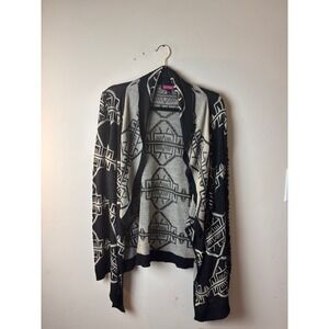 Womens M Sweater Beige Black Aztec Open Front Knitted Cardigan